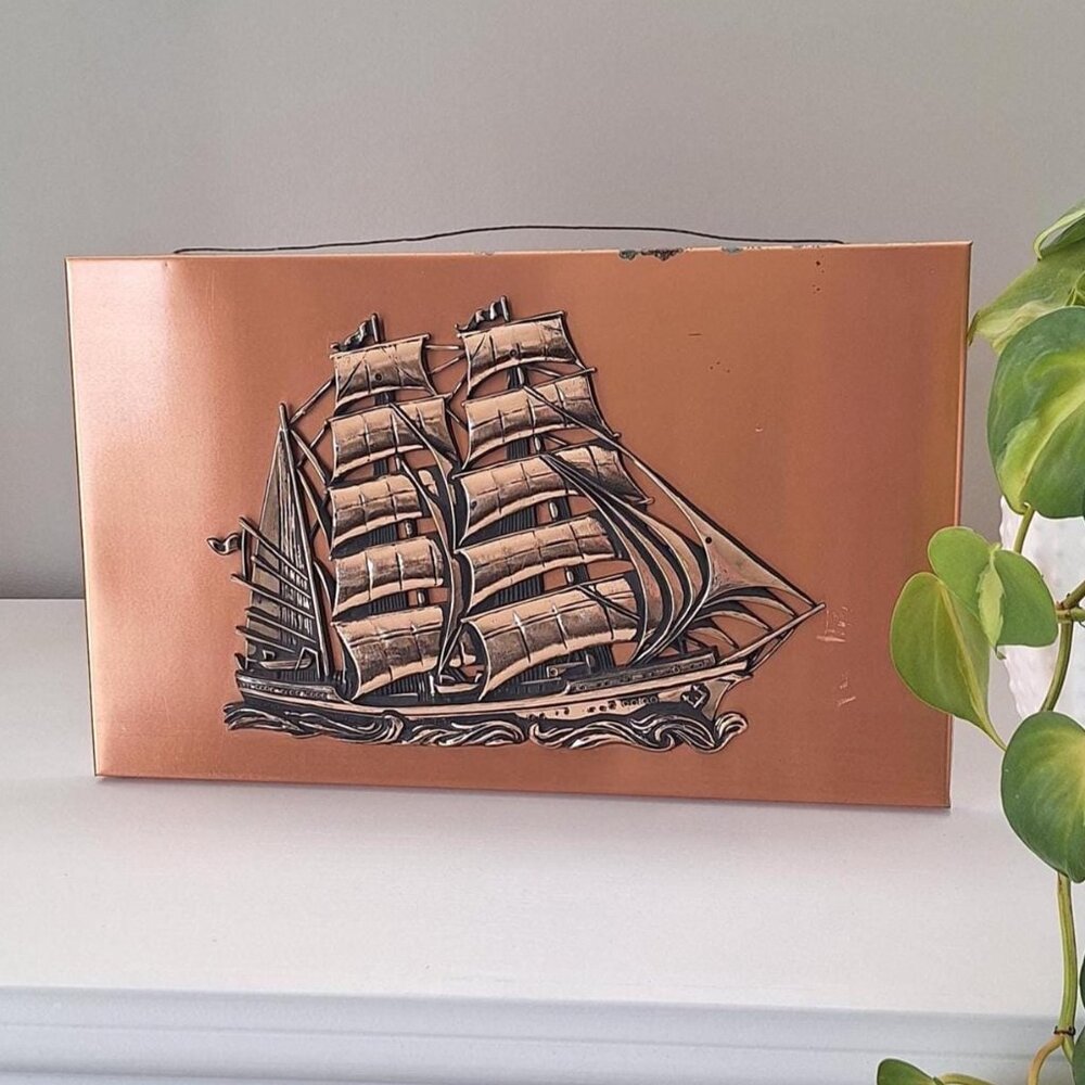 Vintage Copper Ship Plaque: Coastal Nautical boat Wall Art hanging